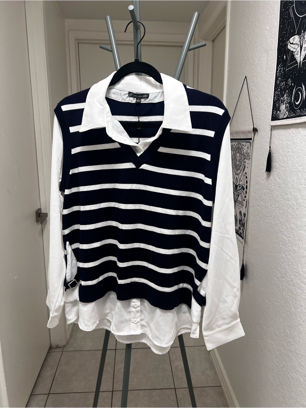 Adrianna Papell Navy and White Striped Layered Top